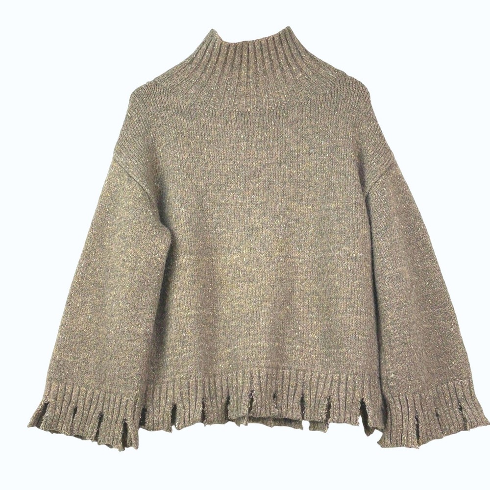 Women Streetwear Chunky Sweater Frayed Boxy Glitter M/L Taupe Gorp Core Edgy